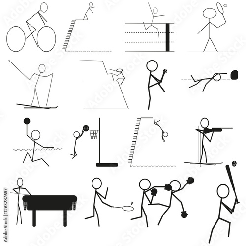Sports icons set. Stick figure athletes. Minimalist vector graphic. Black silhouette symbols. EPS 10.