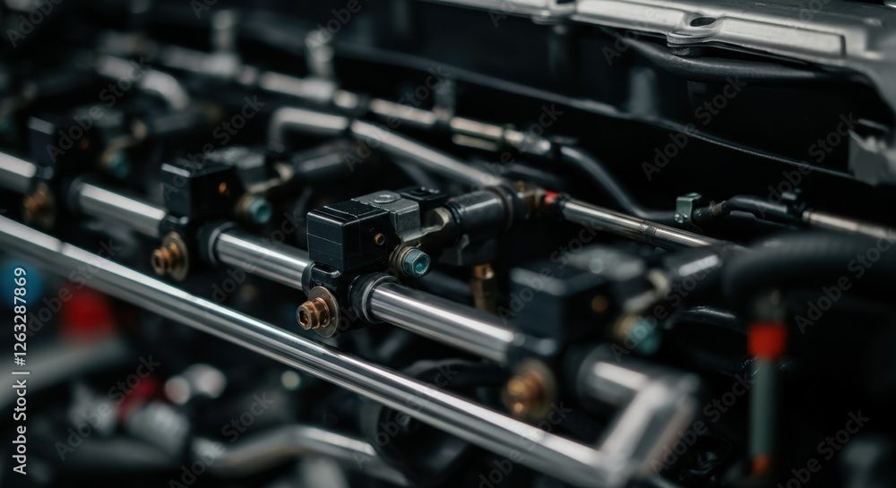 Close-up of automotive engine components with focus on metal pipes and connectors Close-up of automotive engine components with focus on metal pipes and connectors