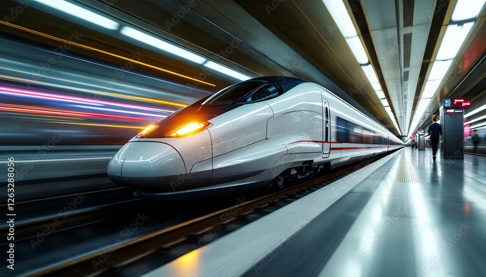 High-speed train in motion at a modern station with dynamic motion blur. High-speed train in motion at a modern station with dynamic motion blur.