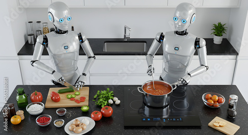 Two modern robots prepare delicious meal in a clean bright kitchen cooking advanced technology future home automation hob on transparent background