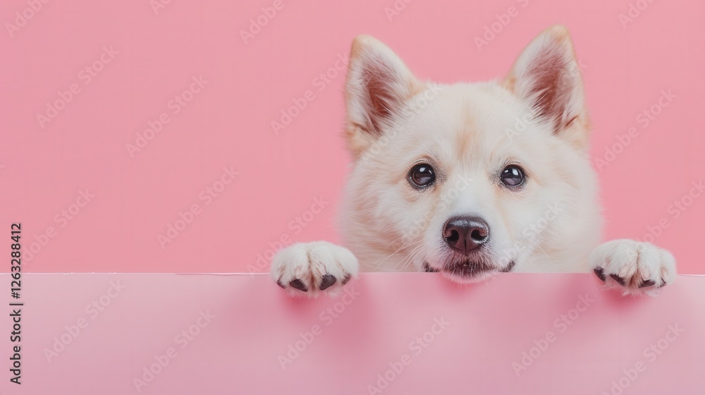 Fototapeta premium Happy Sitchu Inu Puppy Dog Playfully Peeking Over a Pink Banner Against a Pastel Pink Background. Generative AI