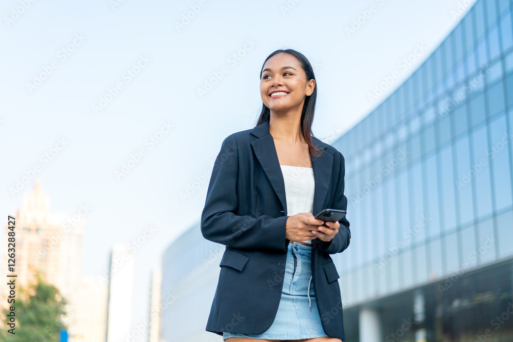 Fototapeta premium Young Asian Gen Z Businesswoman Using Phone in Casual Modern Office District Outdoors