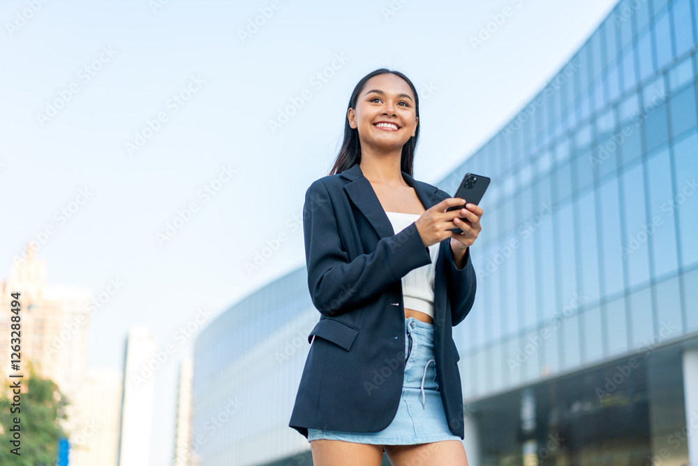 Fototapeta premium Young Asian Gen Z Businesswoman Using Phone in Casual Modern Office District Outdoors