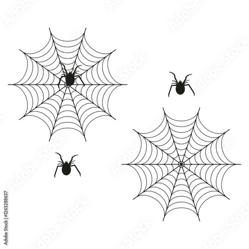 Spider web illustration. Black white arachnid. Halloween creepy symbol. Insect vector art. EPS 10.