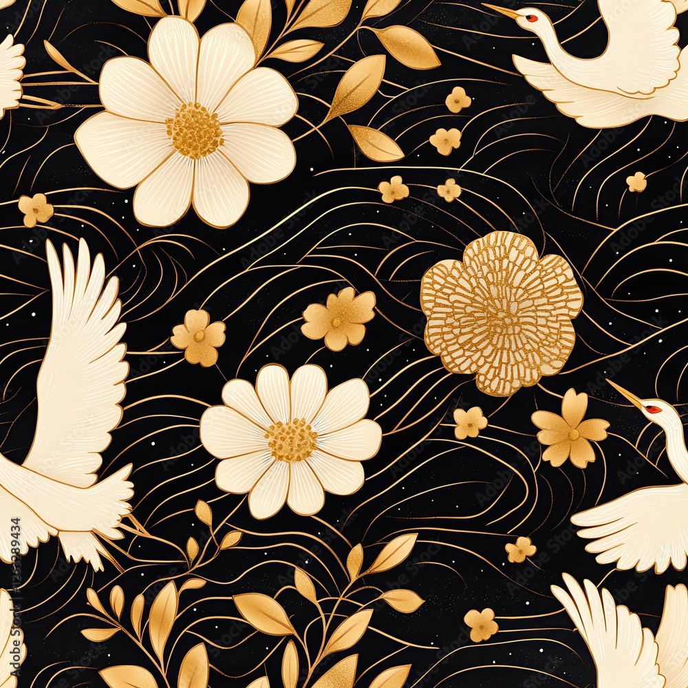 traditional Japanese art seamless pattern style Elegant floral and bird patterned design traditional Japanese art seamless pattern style Elegant floral and bird patterned design