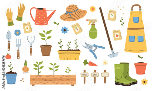 Gardening items collection. Farm or planting tools. Flat cartoon vector illustration. Agriculture equipment for scrapbooking, stickers.