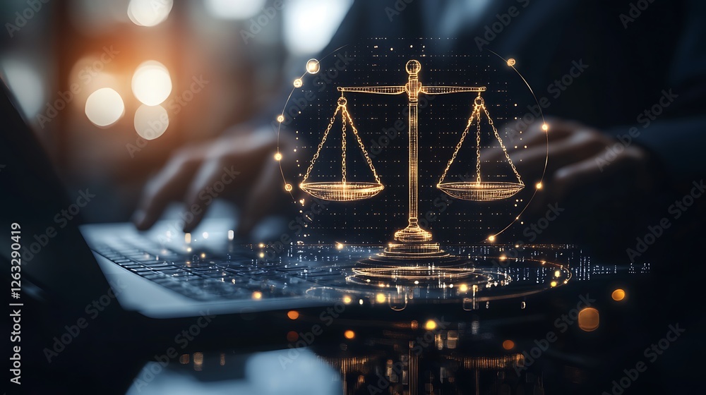 Digital scales of justice hover over a person using a laptop. Digital scales of justice hover over a person using a laptop.