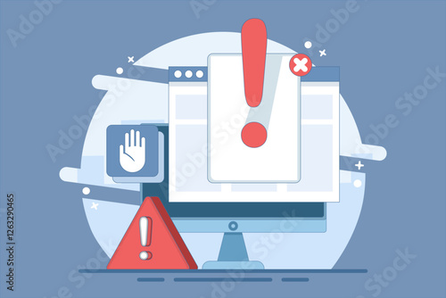 Online Fraud Warning Concept Data Warning Message or Exclamation Mark Danger Warning Cyber ​​Risk Fraud on Digital Internet Sites Laptop Computer PC, Unsecured Network Virus Attack.