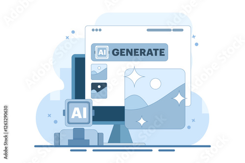 AI Image Maker Concept, Artificial intelligence generates image with command, AI tool inputs word command to become image. Vector illustration background with icon