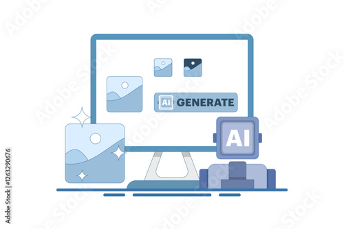 AI Image Maker Concept, Artificial intelligence generates image with command, AI tool inputs word command to become image. Vector illustration background with icon