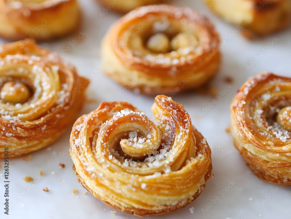 Delicious Puff Pastry Rosettes Sprinkled with Sugar on White Surface Delicious Puff Pastry Rosettes Sprinkled with Sugar on White Surface