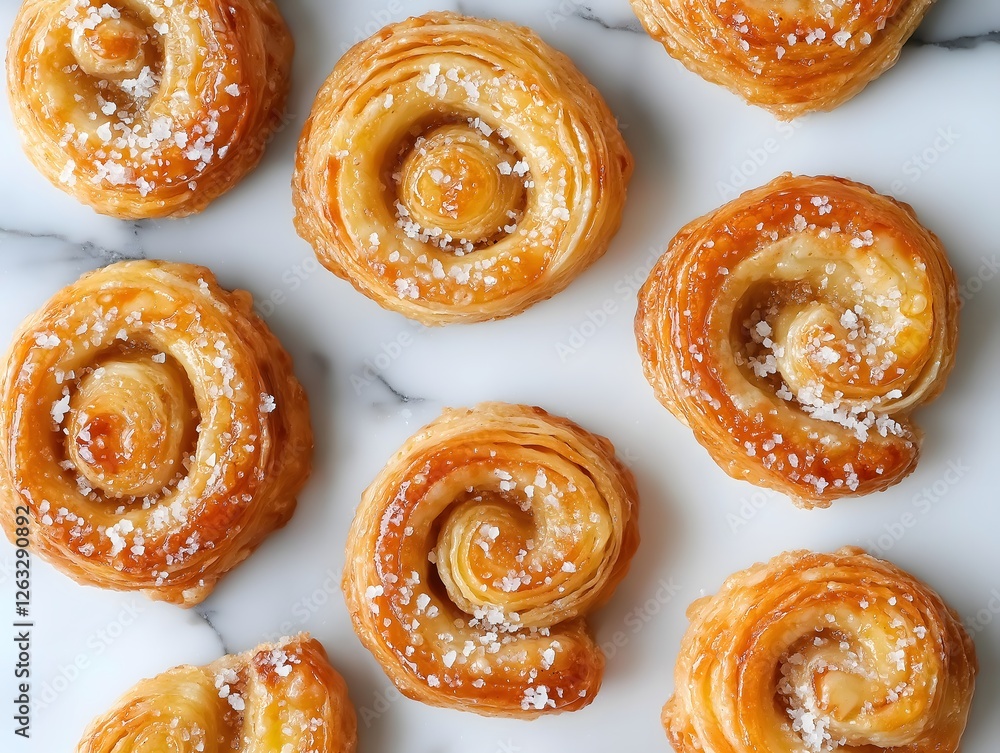 Delicious Kouign Amann Pastries with Sea Salt on a Marble Surface Delicious Kouign Amann Pastries with Sea Salt on a Marble Surface
