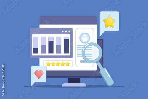 Customer analysis software concept, business intelligence, website report, customer data analysis, website traffic, data graph diagram, customer profile interface. flat vector illustration.