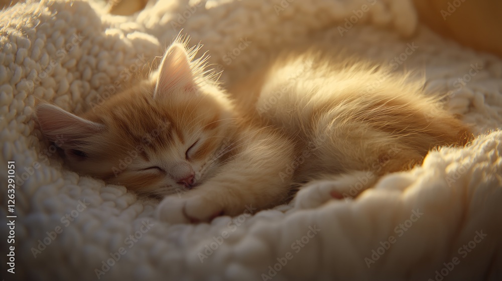 Obraz premium Sweet Dreams: A Ginger Kitten Curled Up in a Cozy Blanket