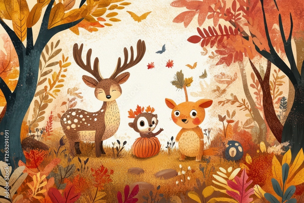 Naklejka premium Cute forest animals gather in a lovely autumn scene
