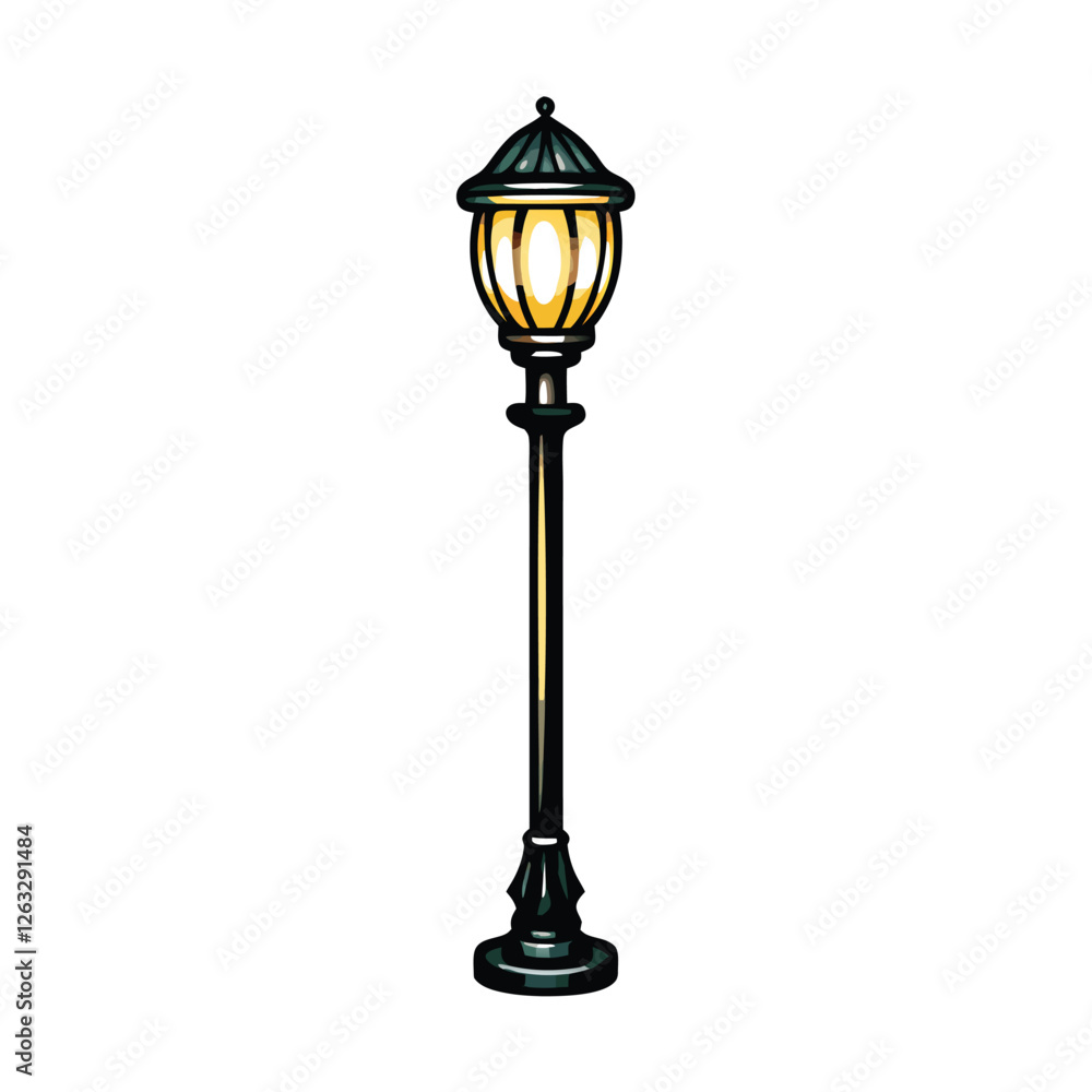 Create an editable stroke vector graphic of a glowing streetlamp at night, suitable for urban scene illustrations. Include detailed post light design. Create an editable stroke vector graphic of a glowing streetlamp at night, suitable for urban scene illustrations. Include detailed post light design.