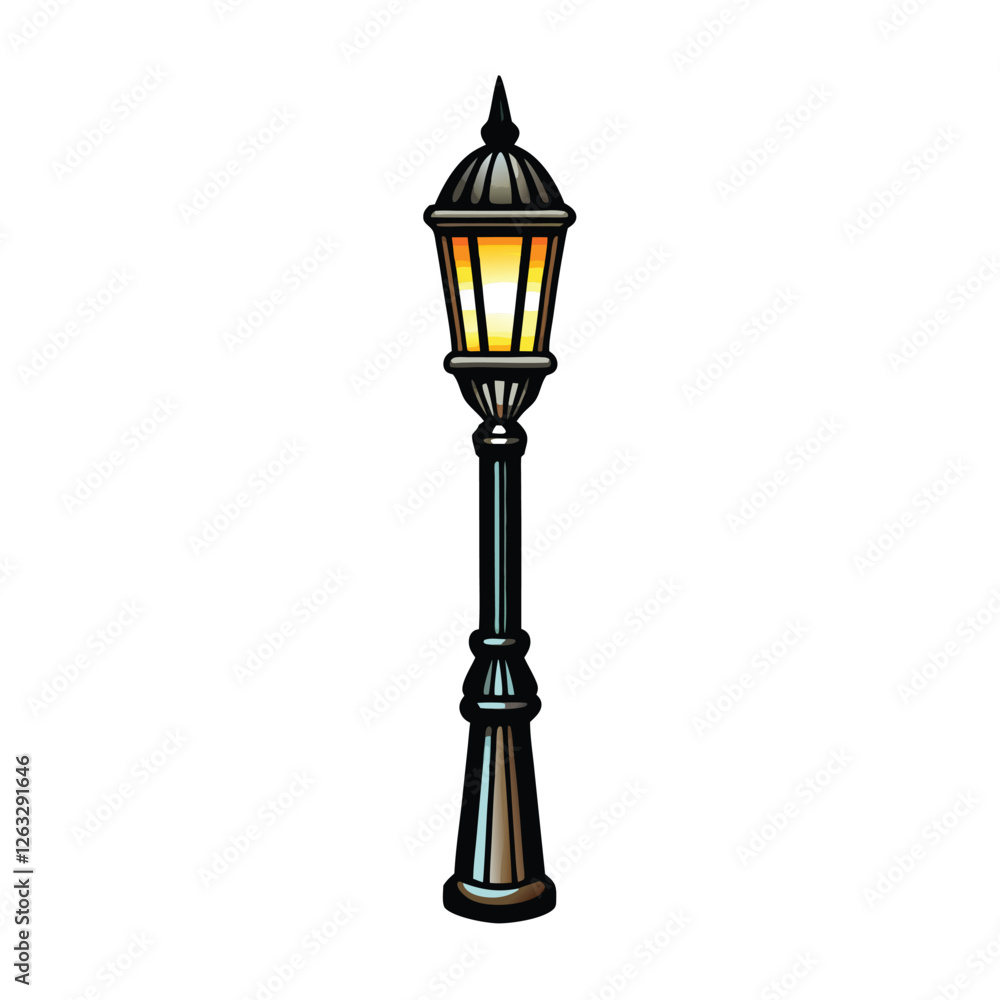 Create an editable stroke vector graphic of a glowing streetlamp at night, showing detailed light rays and pole texture. Create an editable stroke vector graphic of a glowing streetlamp at night, showing detailed light rays and pole texture.