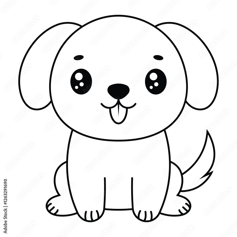 Obraz premium Cute kawaii puppy vector illustration. Adorable cartoon dog with big eyes and happy face. Outline drawing for coloring book and kids activities.