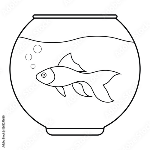 Goldfish in bowl vector illustration. Cute aquarium fish line art drawing for coloring book and design projects.