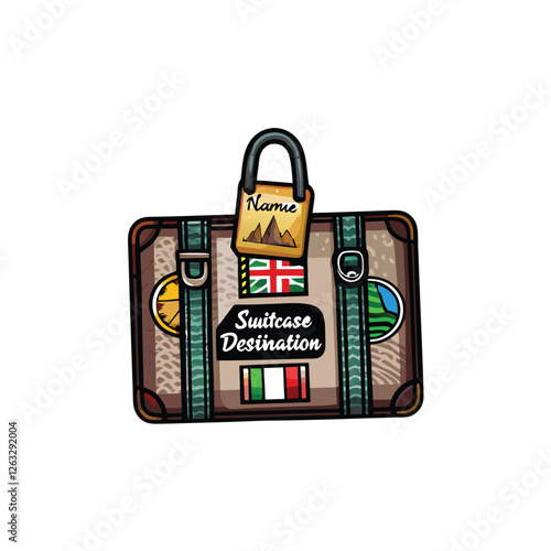 Create a clean, editable stroke vector illustration of a closed suitcase with a luggage tag attached, ready for travel.  Include realistic details.