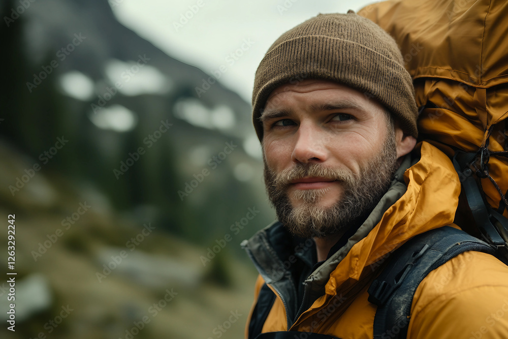 Portrait of a mature male hiker with a backpack enjoying a forest adventure in spring, Generative AI Portrait of a mature male hiker with a backpack enjoying a forest adventure in spring, Generative AI