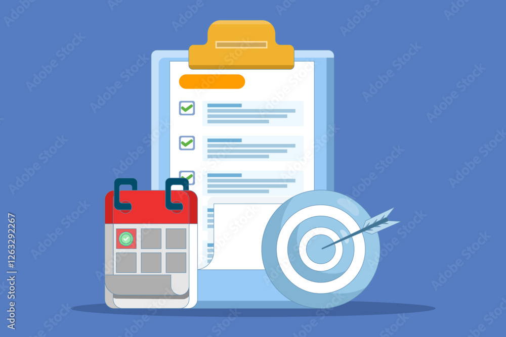 achievement concept. list of goals or future actions on the device screen. arrow right on target and calendar near the smartphone. flat vector illustration on the background. achievement concept. list of goals or future actions on the device screen. arrow right on target and calendar near the smartphone. flat vector illustration on the background.