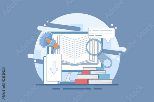 Concept of downloading e-books from the internet, reading e-books, marketing e-books for business promotion. E-book marketing campaign. Flat vector illustration with icons on the background.