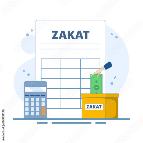 Zakat Concept Design. Zakat Document with Calculator and Box Vector Illustration. Islamic Ramadan about giving alms or sharing with others on landing page. Paying Zakat. Flat vector illustration.