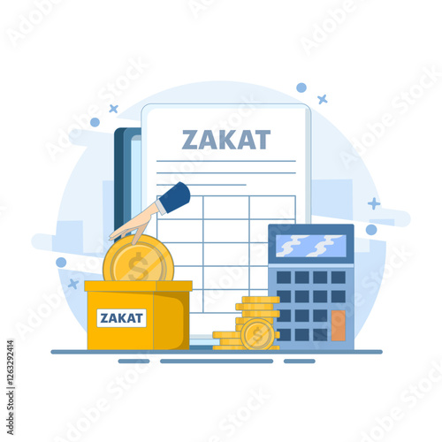 Zakat Concept Design. Zakat Document with Calculator and Box Vector Illustration. Islamic Ramadan about giving alms or sharing with others on landing page. Paying Zakat. Flat vector illustration.
