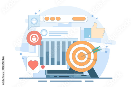 Social media remarketing concept, Targeting specific audience through social media remarketing technology, Creative content marketing ads get likes, shares and subscribers. vector illustration icon.
