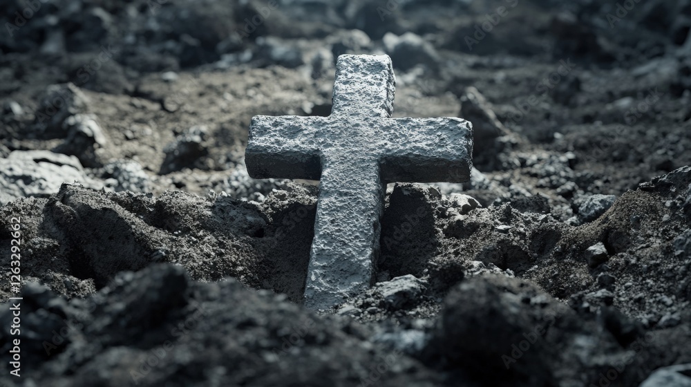 Grave cross on rocky ground Grave cross on rocky ground