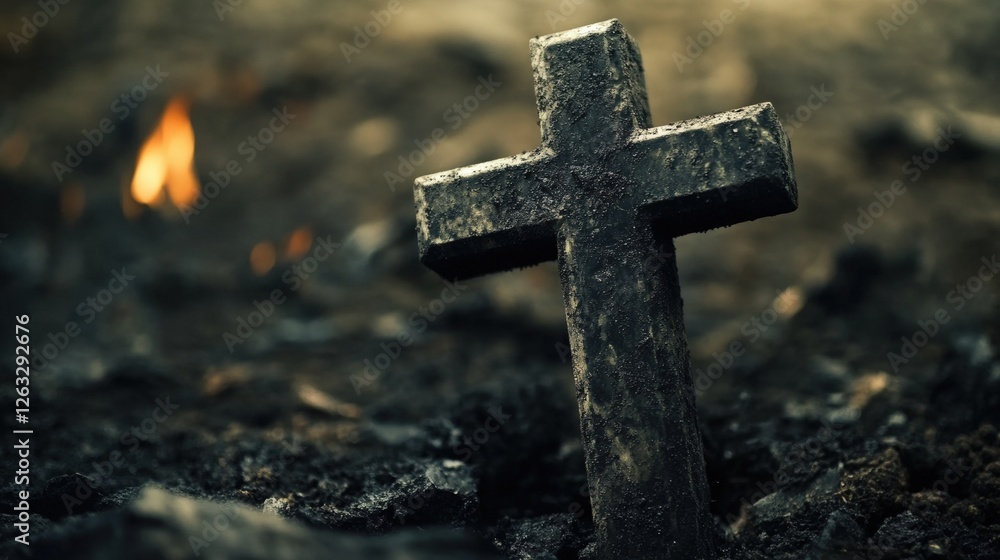 Cross on burnt ground with flames in the background Cross on burnt ground with flames in the background