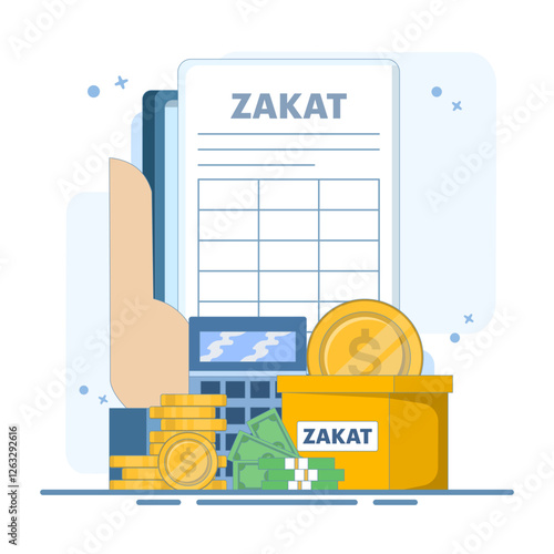 Zakat Concept Design. Zakat Document with Calculator and Box Vector Illustration. Islamic Ramadan about giving alms or sharing with others on landing page. Paying Zakat. Flat vector illustration.