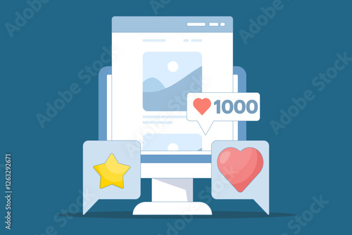 Social media networking concept. Sharing photos and images online with a list of comments such as mobile phone applications, social networking blog followers, or article posting activities.