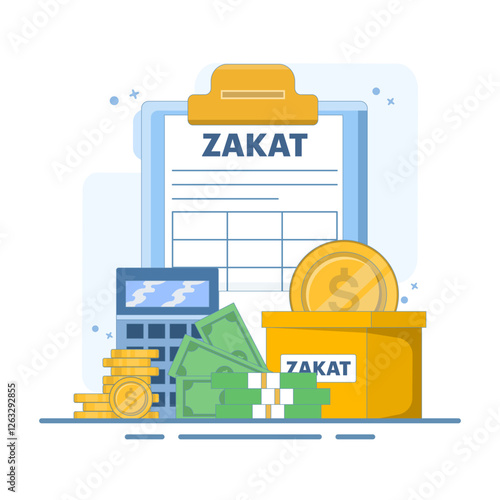 Zakat Concept Design. Zakat Document with Calculator and Box Vector Illustration. Islamic Ramadan about giving alms or sharing with others on landing page. Paying Zakat. Flat vector illustration.