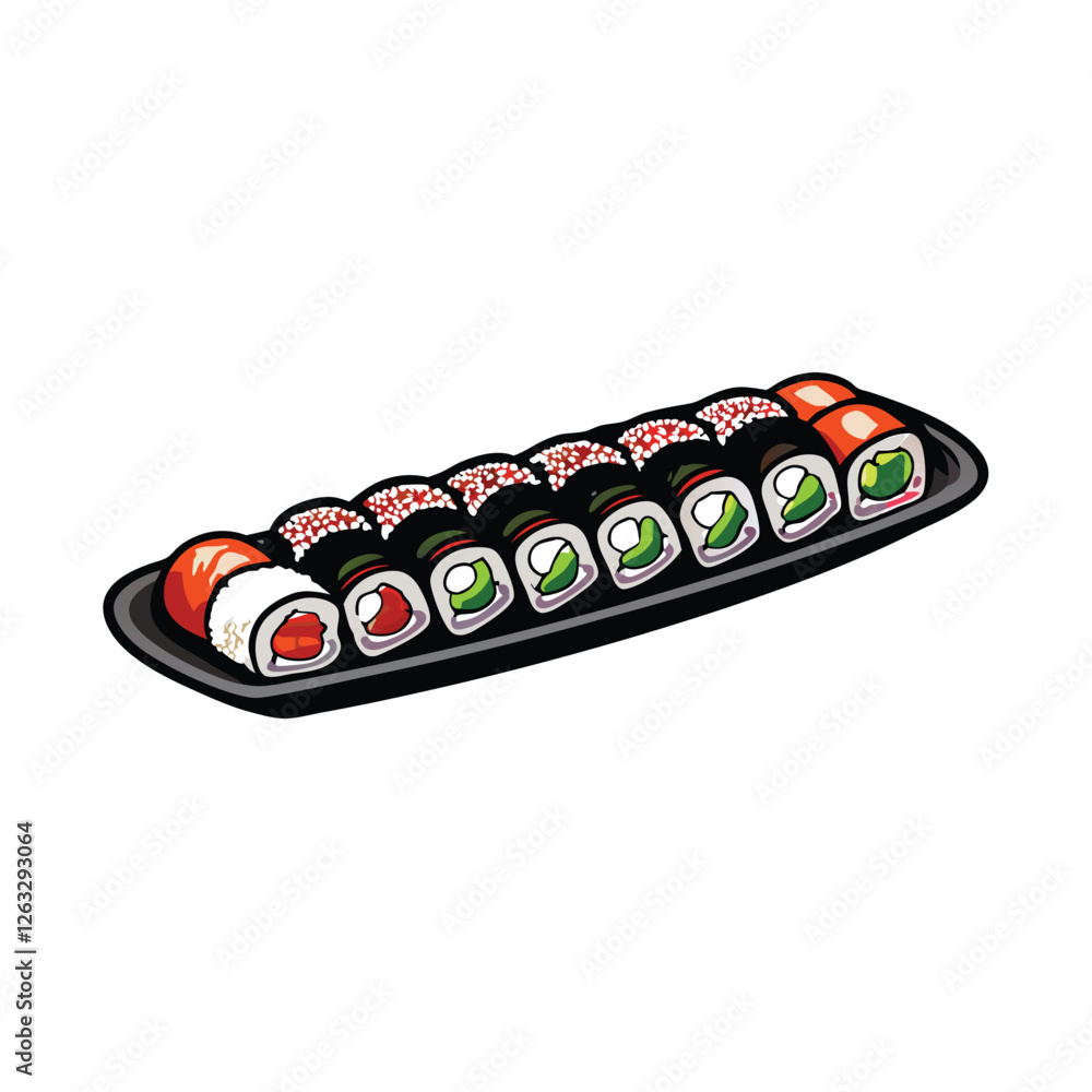 Create a vibrant, editable stroke vector illustration of a delectable sushi platter featuring various types of sushi. Include details like wasabi, ginger, and soy sauce. Create a vibrant, editable stroke vector illustration of a delectable sushi platter featuring various types of sushi. Include details like wasabi, ginger, and soy sauce.