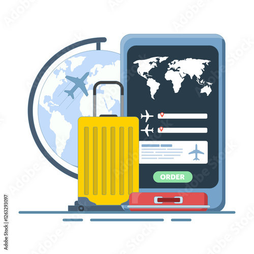 Concept Mobile application for buying tickets with a smartphone. Booking airline tickets. Planet Earth, airline tickets and luggage. Travel, business trip. Flat vector illustration on the background.