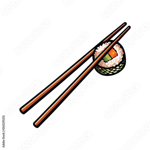 Create an editable stroke vector graphic of a delicious sushi roll, meticulously detailed, including chopsticks positioned elegantly beside it.