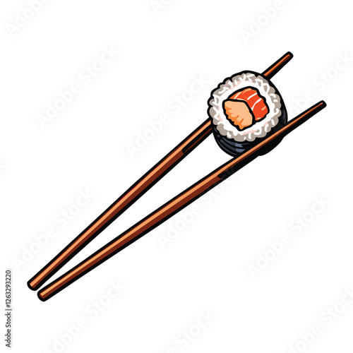 Create a high-resolution editable stroke vector graphic of a delicious sushi roll, precisely detailed with chopsticks elegantly placed beside it.