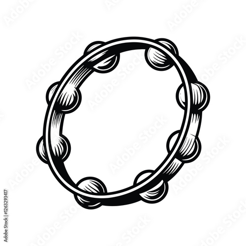 Create a clean, editable vector illustration of a tambourine with jingling cymbals;  include detailed shading and highlights for a realistic look.