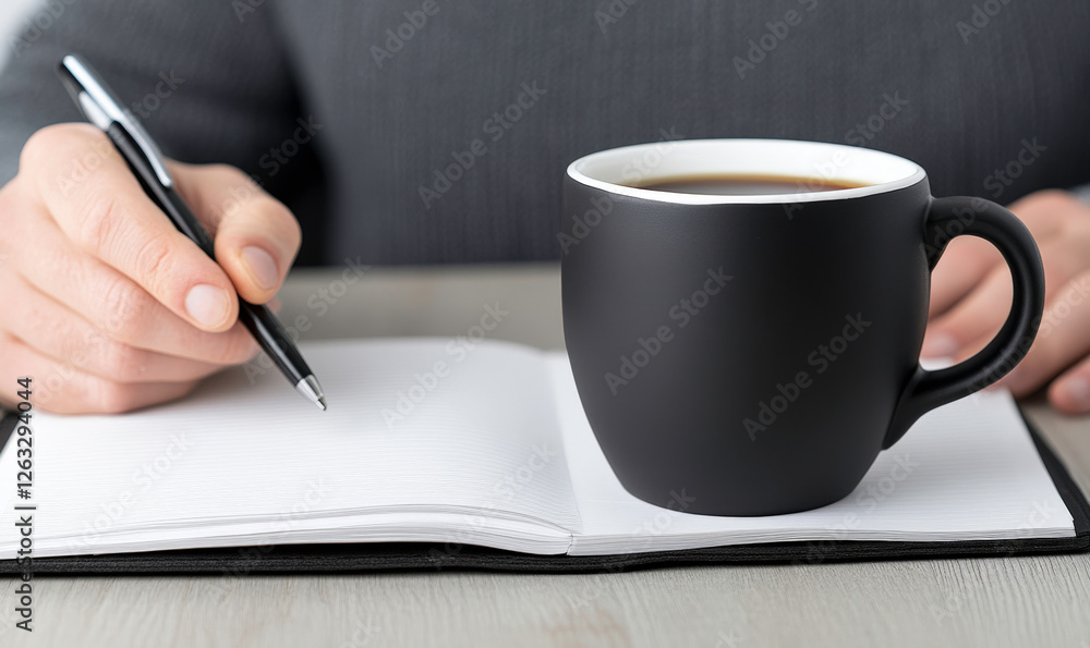 Person Holding Pen and Writing in Notebook with Coffee Cup on Table in Relaxed Home or Office Setting for Creative and Productive Moments Person Holding Pen and Writing in Notebook with Coffee Cup on Table in Relaxed Home or Office Setting for Creative and Productive Moments