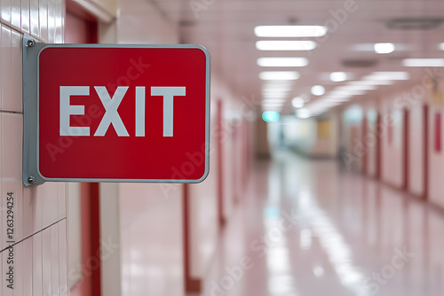 Red exit sign in a hospital hallway. Emphasizing safety and direction in a medical environment. Guidance for emergency egress.