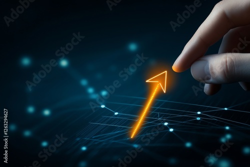 Hand Touching Yellow Arrow Pointing Up on Stock Market Graph with Dotted Background