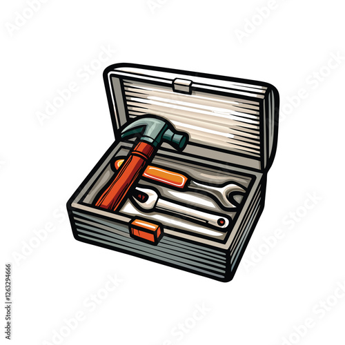 Create a clean, editable stroke vector graphic of a toolbox with a hammer visibly protruding.  Ensure high resolution and scalable design.
