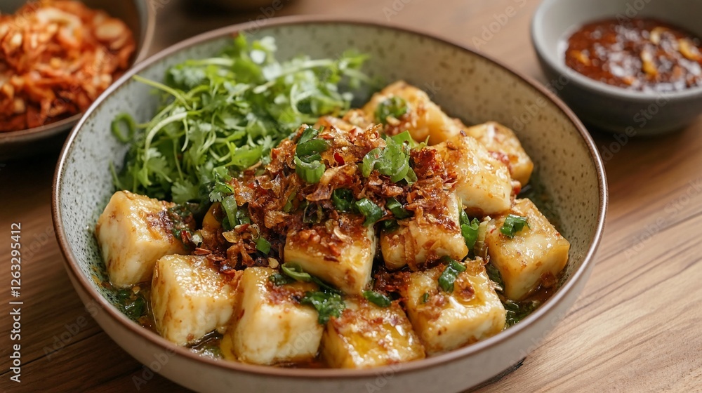 Savory Pan-Fried Tofu Cubes with Crispy Garlic and Herbs A Delicious Asian Dish Savory Pan-Fried Tofu Cubes with Crispy Garlic and Herbs A Delicious Asian Dish