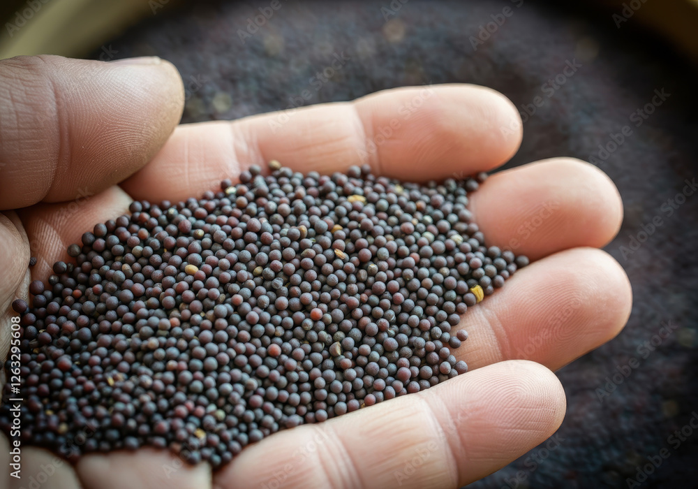 A close-up of a human hand holding a handful of tiny black mustard seeds. The background is a blurred mass of mustard seeds, creating a textured and uniform look. A close-up of a human hand holding a handful of tiny black mustard seeds. The background is a blurred mass of mustard seeds, creating a textured and uniform look.