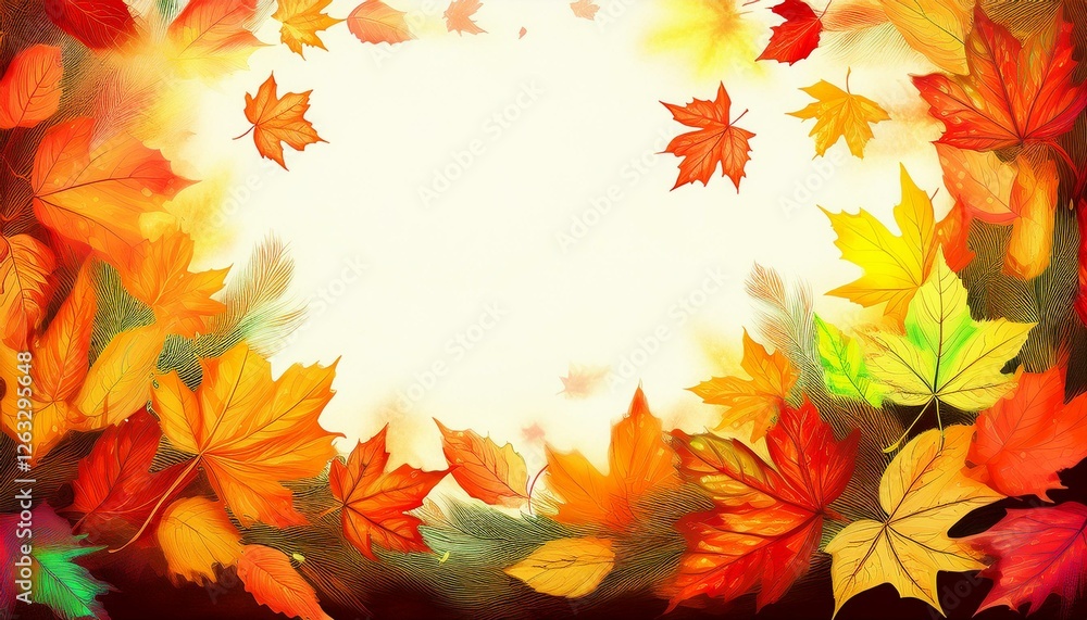 Fototapeta premium Autumn seasonal frame border with falling autumn colorful leaves background with space for copy