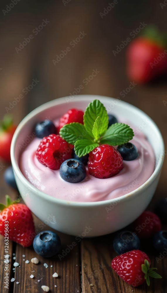 Creamy yogurt with berries & mint, rustic wood background, rustic, delicious Creamy yogurt with berries & mint, rustic wood background, rustic, delicious