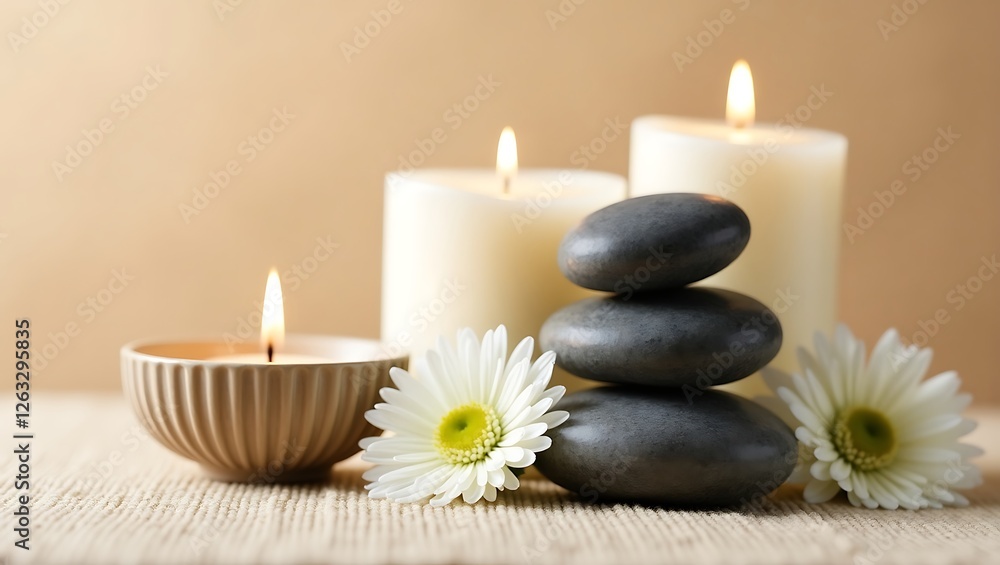 The still life photograph depicts a serene spa setting with dark gray stones, a lit candle, white flowers, and a soft, neutral background. The scene is complemented by a ribbed ceramic bowl The still life photograph depicts a serene spa setting with dark gray stones, a lit candle, white flowers, and a soft, neutral background. The scene is complemented by a ribbed ceramic bowl