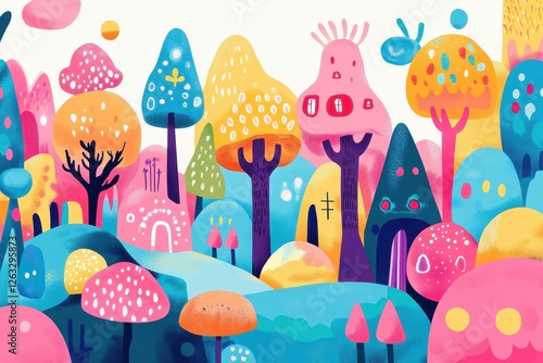 Colorful whimsical illustration depicting a vibrant fantasy woodland scene